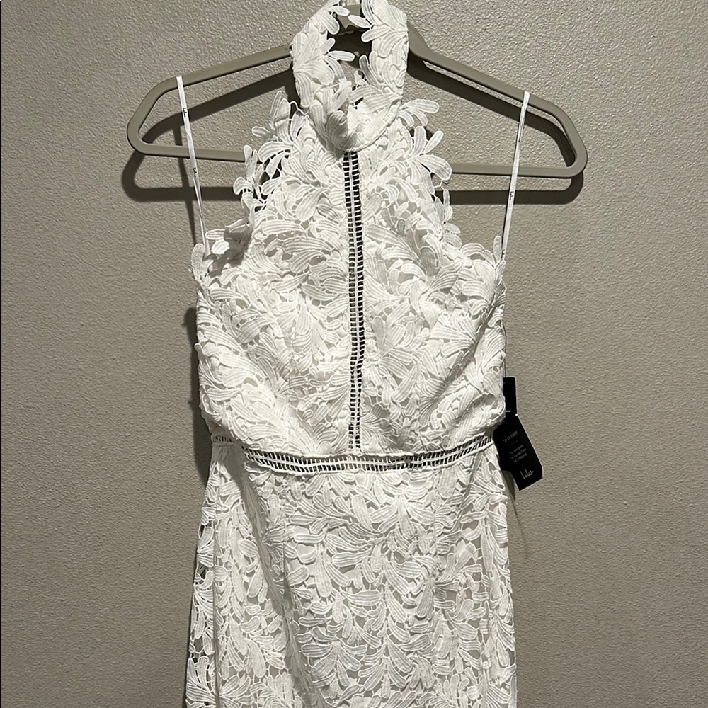 Lulu's White Lace Backless Halter Dress